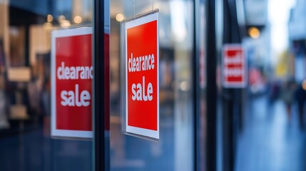 Clearance sale signs displayed prominently in store windows, attracting shoppers with enticing discounts and promotions, reflecting the excitement and urgency of retail bargains.