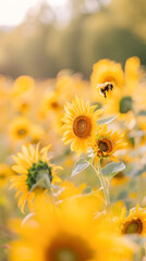 Obraz premium Field of yellow sunflowers with a single sunflower in the foreground