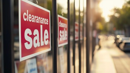 Clearance sale signs displayed prominently in store windows, attracting shoppers with enticing discounts and promotions, reflecting the excitement and urgency of retail bargains.