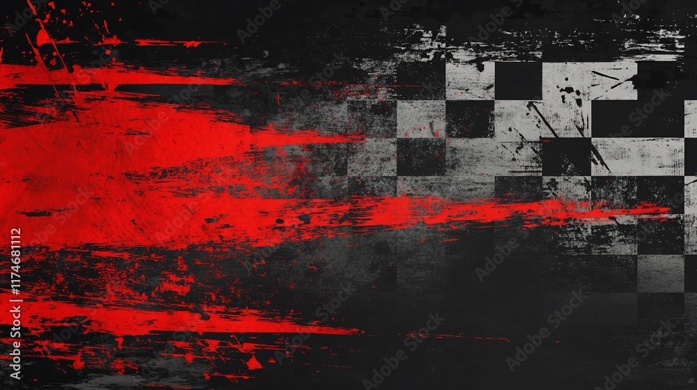 Poster Grunge checkered flag background with red splatter effects.