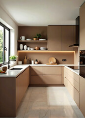 Modern minimalistic kitchen with accent brown painted wall in trend 2025 year color - mocha mousse. Stylish interior design and furniture. AI