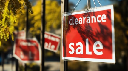 Clearance sale signs displayed prominently in store windows, attracting shoppers with enticing discounts and promotions, reflecting the excitement and urgency of retail bargains.