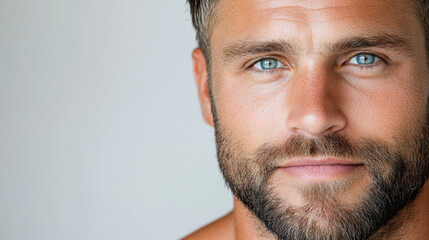 Obraz premium High resolution image of man with beard and blue eyes, smiling warmly
