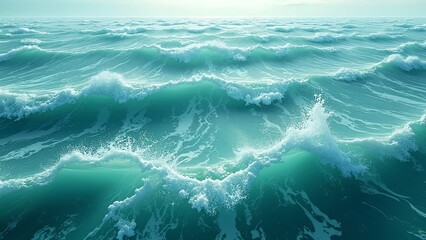 Majestic turquoise ocean waves with white frothy spray under soft sunlight, dynamic seascape photograph PC, laptop wallpaper