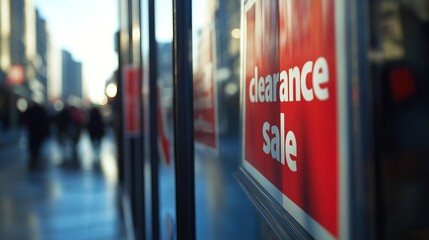 Clearance sale signs displayed prominently in store windows, attracting shoppers with enticing discounts and promotions, reflecting the excitement and urgency of retail bargains.