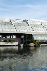 Modern architecture in front of pond