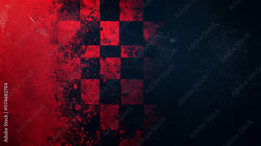 Aufkleber Grungy checkered flag background with red and black squares, distressed texture.