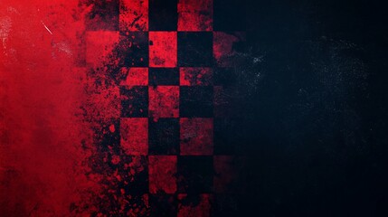 Grungy checkered flag background with red and black squares, distressed texture.