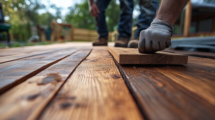 Wooden deck construction with professional installation, home improvement concept