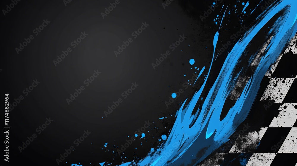 Poster abstract racing background with checkered flag and blue paint splatters.