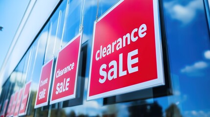 Clearance sale signs displayed prominently in store windows, attracting shoppers with enticing discounts and promotions, reflecting the excitement and urgency of retail bargains.