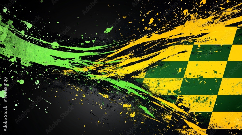 Poster abstract graphic design with green and yellow paint splatters and checkered flag.