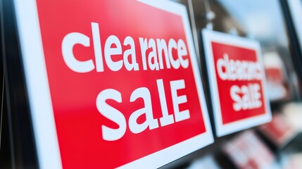 Clearance sale signs displayed prominently in store windows, attracting shoppers with enticing discounts and promotions, reflecting the excitement and urgency of retail bargains.