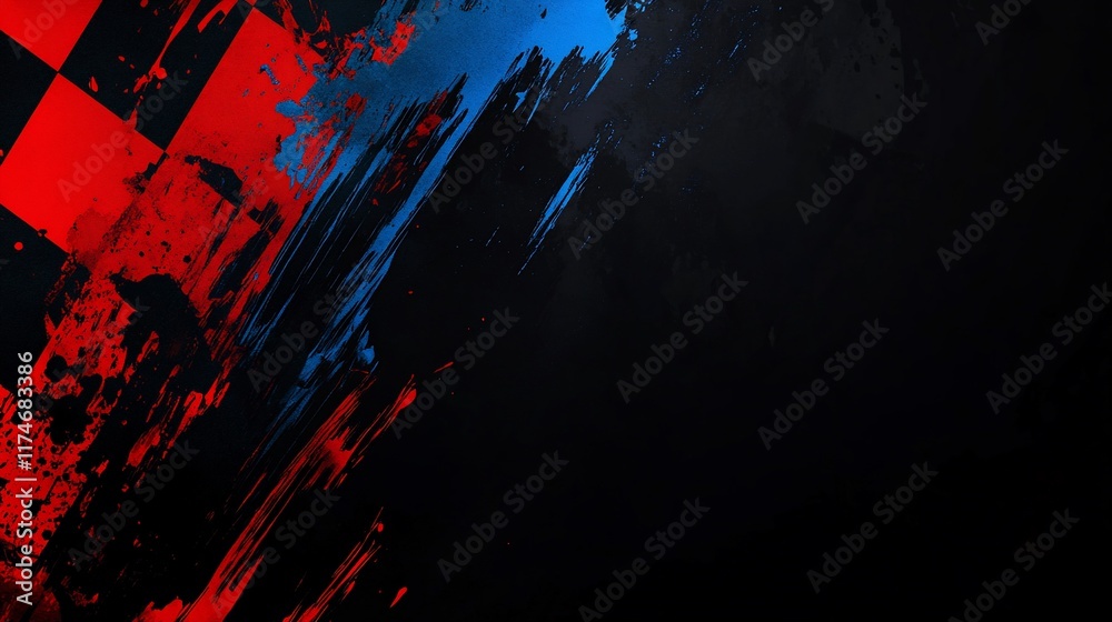 Poster Abstract graphic design with red and blue paint splatter effects on dark background.