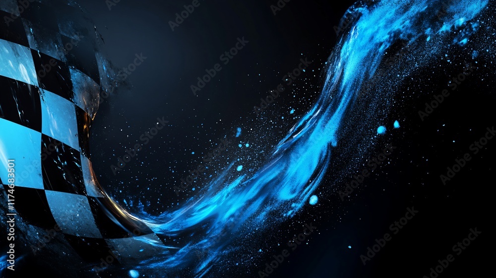 Aufkleber abstract checkered racing flag with blue liquid and dark background.
