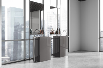 Modern bathroom interior with dual sinks and cityscape view through large windows. 3D Rendering