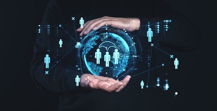 Digital representation of social network connections with icons in hands. - Powered by Adobe