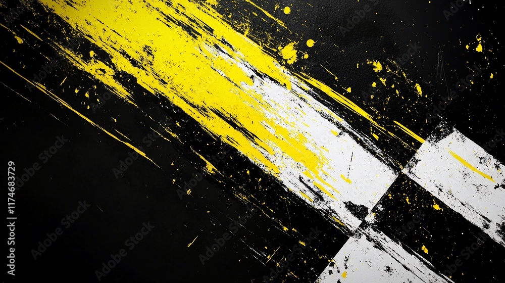 Poster abstract design with diagonal yellow and white stripes on a black background.