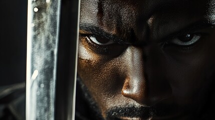 Obraz premium Intense Close-up Portrait of a Man with a Sword