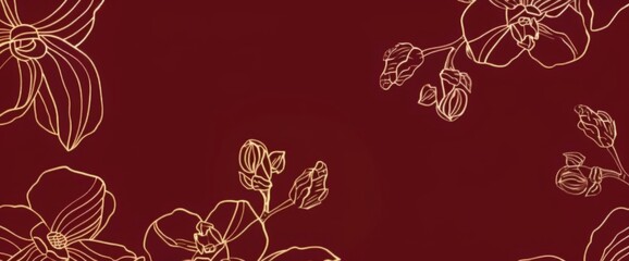 Chinese New Year Red Background with Elegant Chinese-Style Line Drawing Orchid Decoration Pattern, copy space for text or creative graphics.
