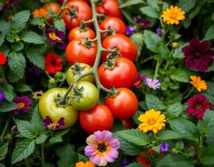 Fresh Red Tomatoes with Yellow Marigolds and Purple Flowers in Organic Garden Setting