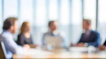 A blurry image of professionals in a meeting room discussing important business matters.
