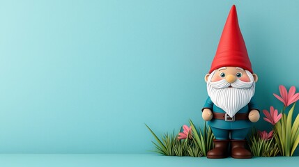 Fototapeta premium Charming Garden Gnome with Red Hat and Colorful Flowers Background