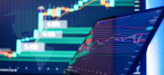 Digital Trading Interface with Candlestick Chart and Data Overlay Highlighting Stock Market Trends