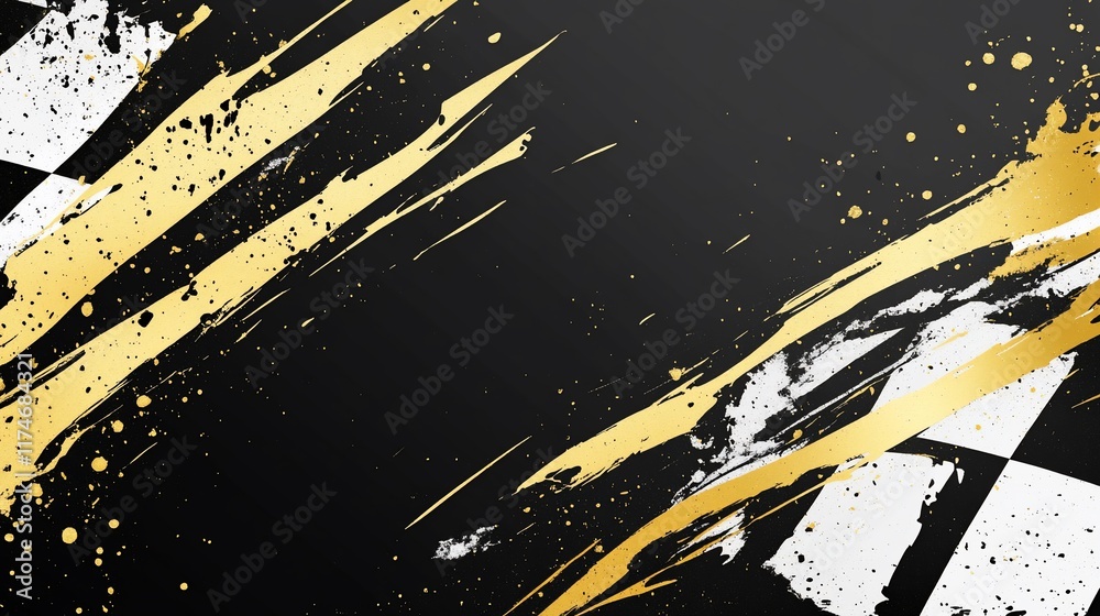 Poster Abstract checkered flag background with gold brushstrokes.