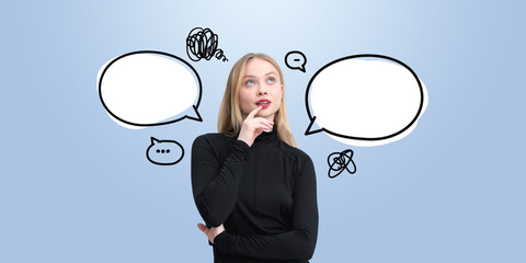 Woman thinking with empty speech bubbles and doodles around her