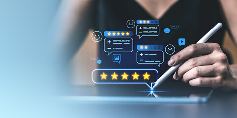 Customer hand holding stylus with floating review icons and stars on digital tablet screen.