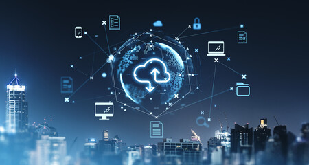 Digital cloud storage icons over cityscape, glowing blue theme.