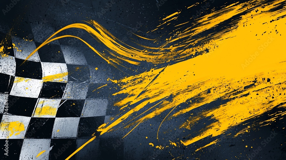 Aufkleber checkered flag with yellow paint splatters on dark background.