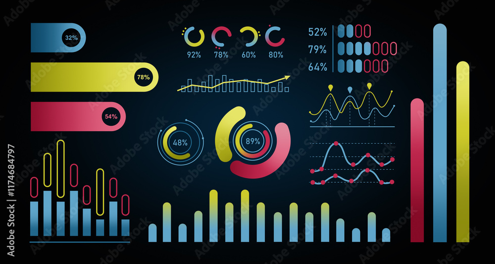 Poster dynamic data visualization with colorful bar graphs, pie charts, and line graphs illuminated on a da