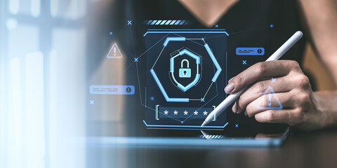 Digital security concept with a hand using a stylus pen.