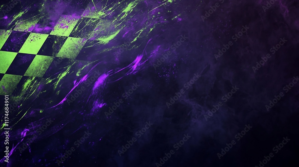 Poster abstract checkered flag background with vibrant purple and lime green colors, smoky effect.