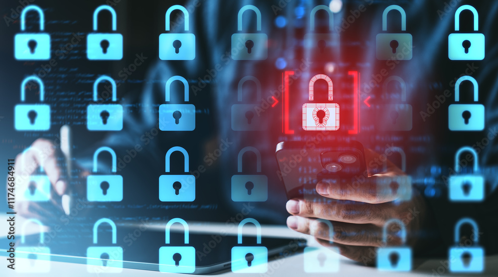 Poster cybersecurity concept with padlocks and smartphone usage in blue-red highlights.
