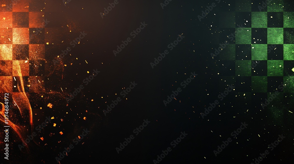 Poster abstract checkered flag with fire and sparks.