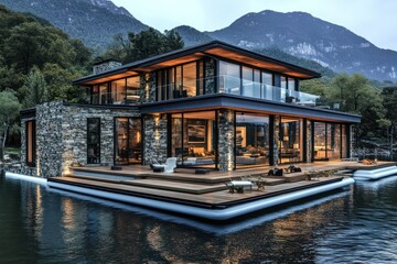 Naklejka premium A luxurious lakeside home with floating decks, glass walls, and a blend of stone and timber finishes