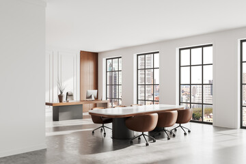 Modern office interior with elegant furniture and large windows overlooking a cityscape. 3D Rendering
