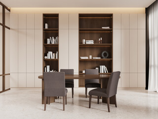 Modern dining room with wooden table, upholstered chairs, and built-in shelving against beige panel walls. Calm, elegant interior design. 3D Rendering