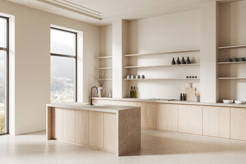 Minimalist kitchen interior with light wood cabinetry and open shelves. 3D Rendering