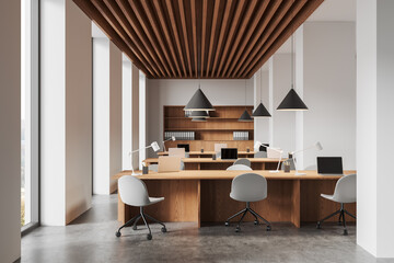 Modern open space office with wooden elements and minimalist chairs on a bright interior background. 3D Rendering