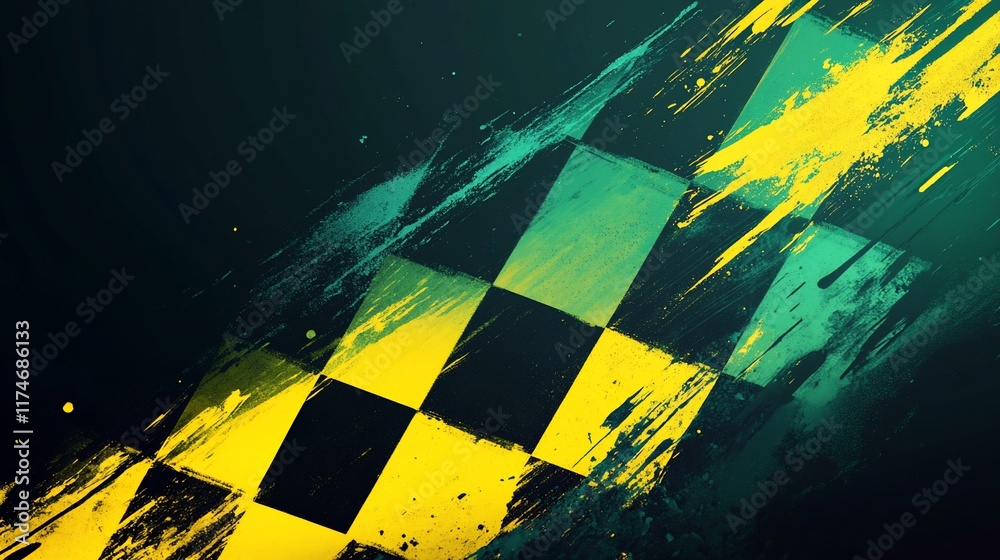 Aufkleber Abstract checkered flag with vibrant colors and dynamic brush strokes.