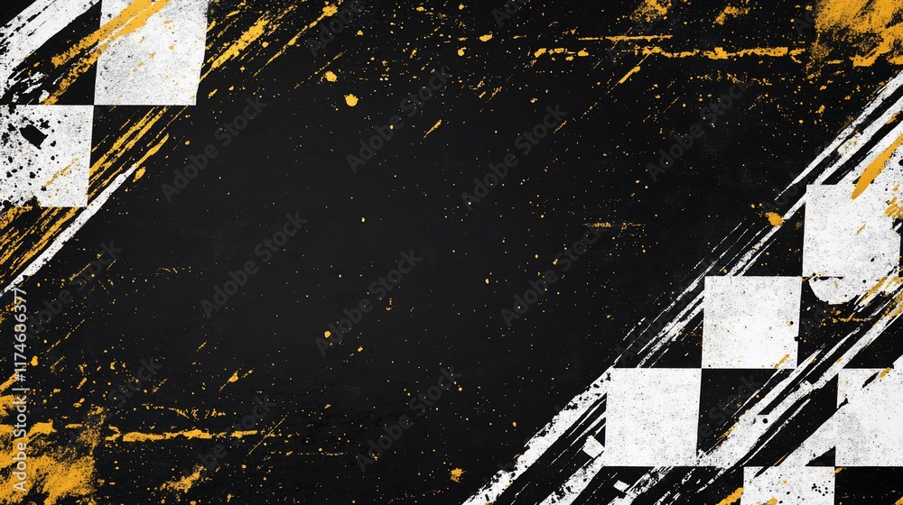 Poster checkered flag design on dark background with gold brushstrokes.