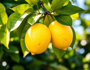 Bright Yellow Lemons Hanging on Green Tree Branch in Sunlight Photograph