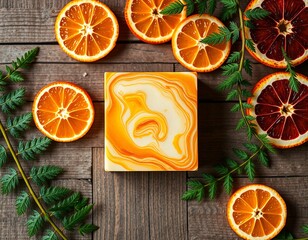 Artistic Orange Soap Bar Surrounded by Fresh Citrus Slices and Green Ferns