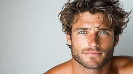 charming man with tousled hair and striking blue eyes poses confidently