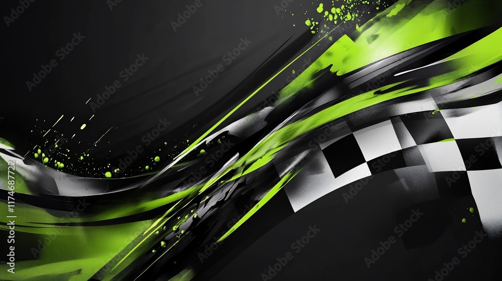 Poster Abstract dynamic design with checkered flag and green and black swirling shapes.