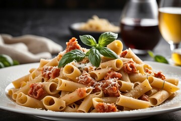 Close-Up of Rigatoni Pasta with Tomato Sauce and Basil Garnish, Italian Cuisine Photography